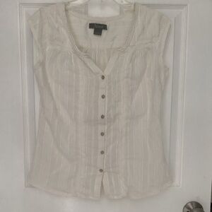 Natural Reflections White Embroidered Cap Sleeve Button Down Shirt S PRE-OWNED